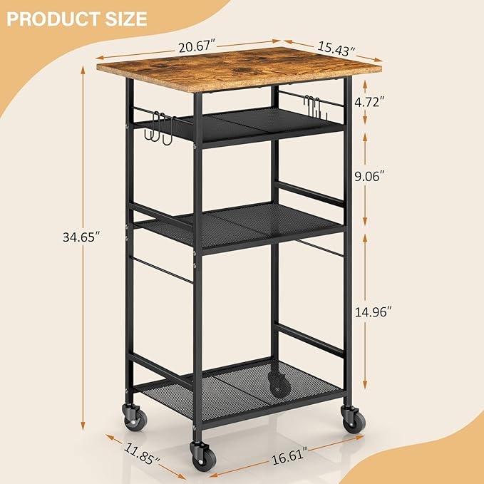 ThreeHio Rolling Kitchen Microwave Cart, 4 Tier Microwave Table Stand with Storage, Kitchen Storage Rack on Wheels, Coffee Station Cart Rack Shelf Organizer for Living Room Office, Balcony