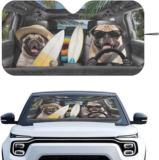 Cute Pug Car Windshield Sun Shade Easy Installation Foldable Funny Front Windshield Sun Visor Protector Universal Auto Sun Shade Easy Storage Automotive Interior Cover