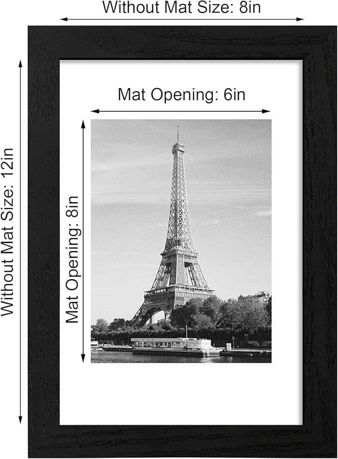 iRahmen 8x12 Picture Frame Set of 4 with HD Glass, Black Frame Display 6x8 Picture with Mat or 8 x 12 Without Mat, Wood Rustic Photo Frame for Tabletop and Wall Mounting