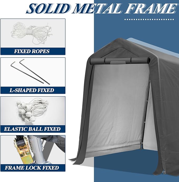 COVERONICS 6' x 7' Outdoor Storage Shed - Heavy Duty Portable Shelter Carport with Ventilation Windows and Roll-up Doors, Storage Shelter Tent for Motorcycle, Bike, Lawnmower and Garden Tools, Grey
