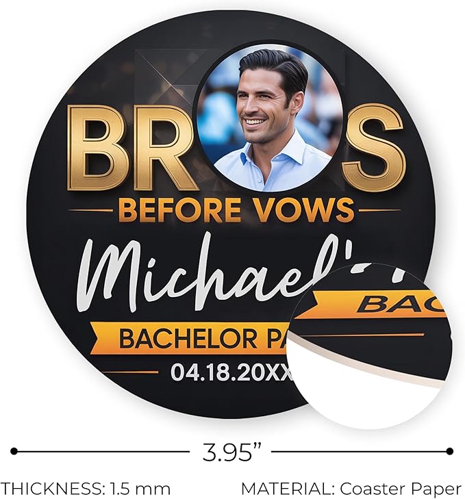 100 Pack Personalized Bachelor Party Coasters, Custom Cardboard Drink Coasters with Photo Print and Text, Fun Bachelor Party Favors and Gifts, 3.95" Round, Design 1