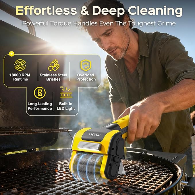 Electric Grill Brush, Grill Cleaner with LED Light, with 800 RPM Motor, 304 Removable Stainless Steel Brush Head, Cordless & Type-C Rechargeable for BBQ, Heavy Duty Grill Cleaning Tool (Black Yellow)