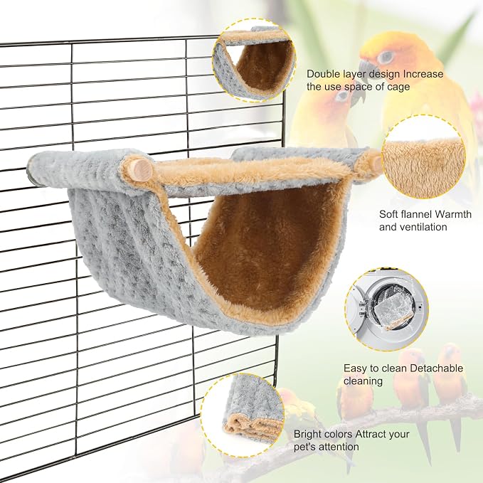 BWOGUE Bird Nest Bed Hanging Hammock, Parakeet Bed for Cage, Cockatiel Bed | Warm Fleece Snuggle Hut, Double-Layer Comfort, Wooden Perch Setup, Washable Hammock