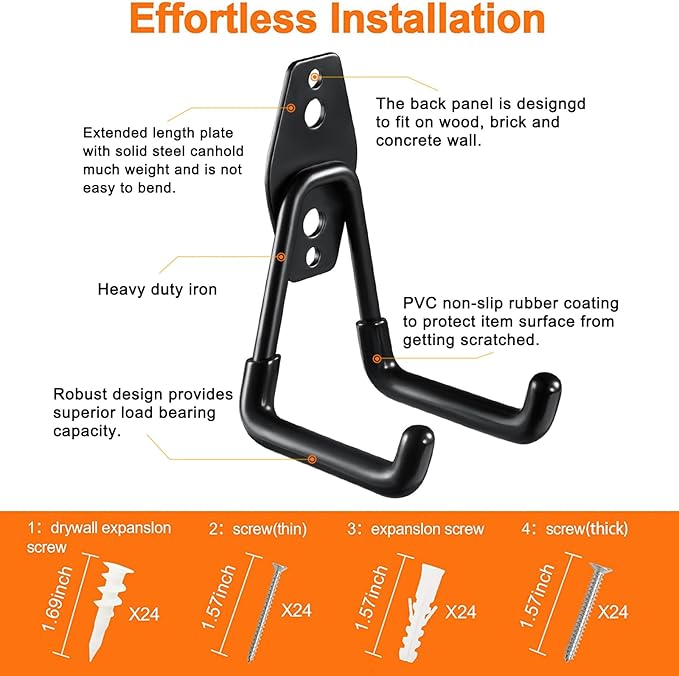 12 Pack Garage Hooks Heavy Duty Utility Steel with Anti-Slip Coating Wall Mount Storage Organizer for Hanging Power and Garden Tools, Ladders, Hose, Bikes, Ropes, Bulk Items, and More