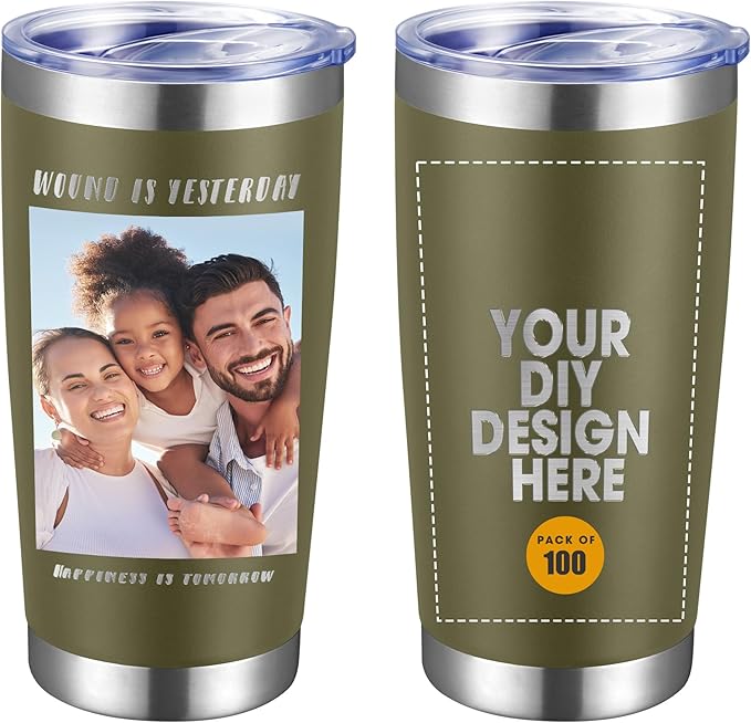 Personalized Custom Tumbler Print in USA 100 Pcs 20oz Stainless Steel Coffee Cup with Lid & Straw Double Wall Insulated Tumbler with Colorful Text Logo Photo