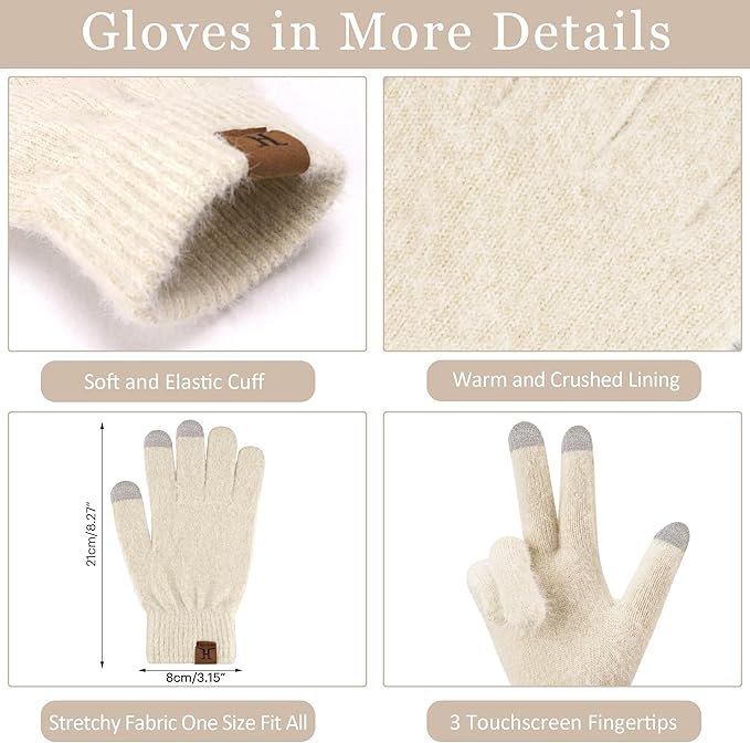 Womens Winter Warm Knit Beanie Hat Touchscreen Gloves Long Neck Scarf Set with Fleece Lined Skull Caps Gifts for Women