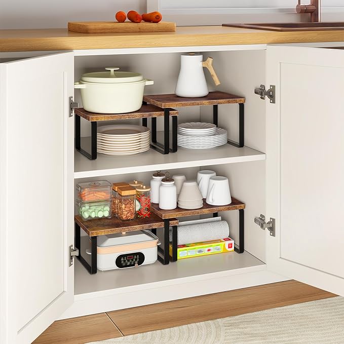 HOOBRO Spice Rack Set of 2, Kitchen Counter Organizer, Kitchen Storage, Cabinet Organizer Shelf, Nest, Stackable, Side-by-Side & L-Shape for Cabinet, Kitchen, Rustic Brown and Black BF33TL01