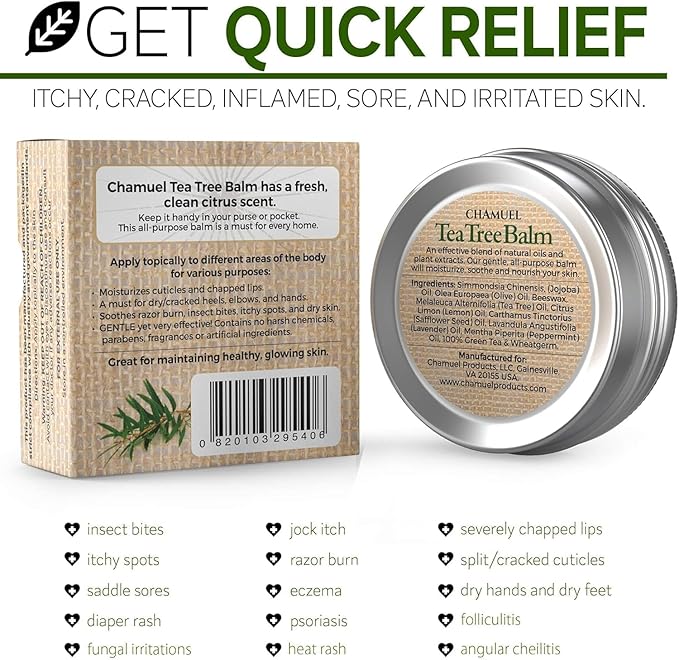 Chamuel Tea Tree Oil Balm - All Natural | Great Cream for Soothing Eczema, Psoriasis, Rashes, Jock Itch, Insect Bites, Folliculitis, Acne, Itches, Cracked Heels, Cuticles, Saddle Sores & more!