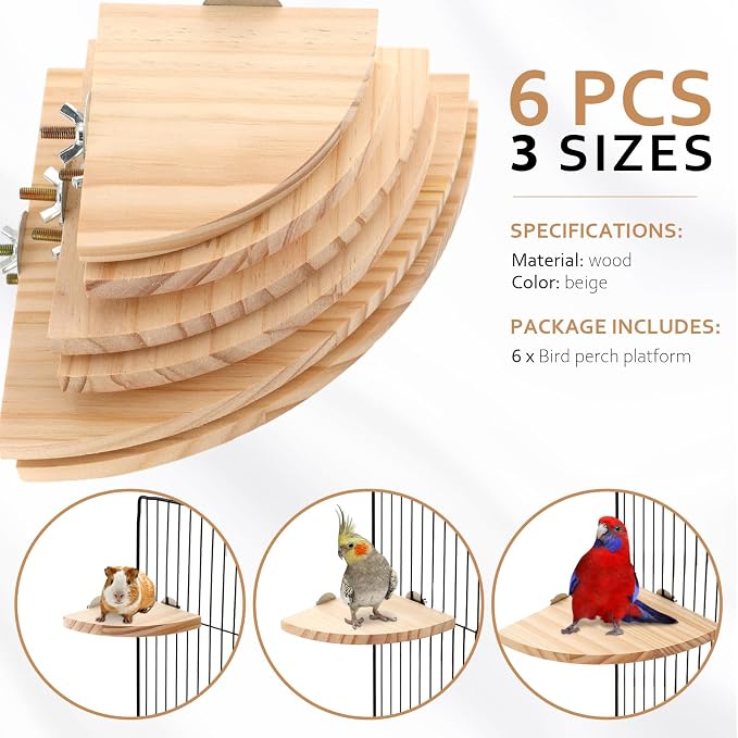 Wettarn 6 Pcs Bird Perch Platform Bird Corner Parrot Perch Corner Wooden Stand Sector Playground Cage Accessories Shelf for Parakeet Conure Cockatiel Budgie Gerbil Rat (Assorted Sizes,Platform)