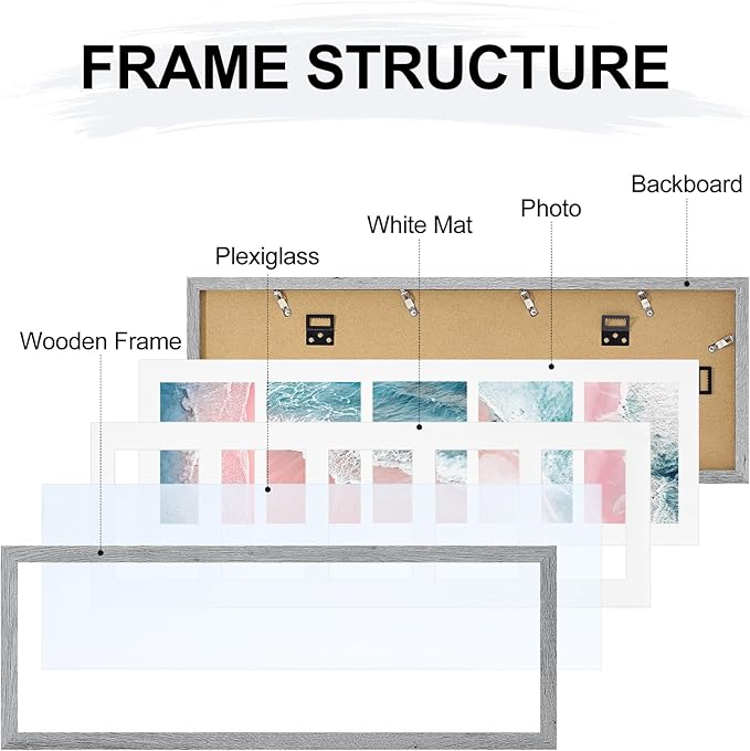 Vittanly 8x24 Collage Picture Frame, Displays 5Pcs 4x6 Pictures with Mat or 1Pcs 8x24 without Mat, Picture Frames Collage Wall Decor for Horizontal or Vertical Display, Grey, 1 Pack
