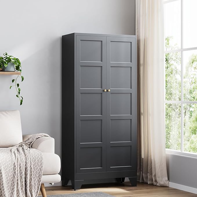 Yizosh Metal Storage Cabinet with 2 Doors and 4 Adjustable Shelves - 71" Black Kitchen Pantry Storage Cabinet,4-Tier Tall Steel Cabinet Locker for Living Room,Dining Room,Kitchen