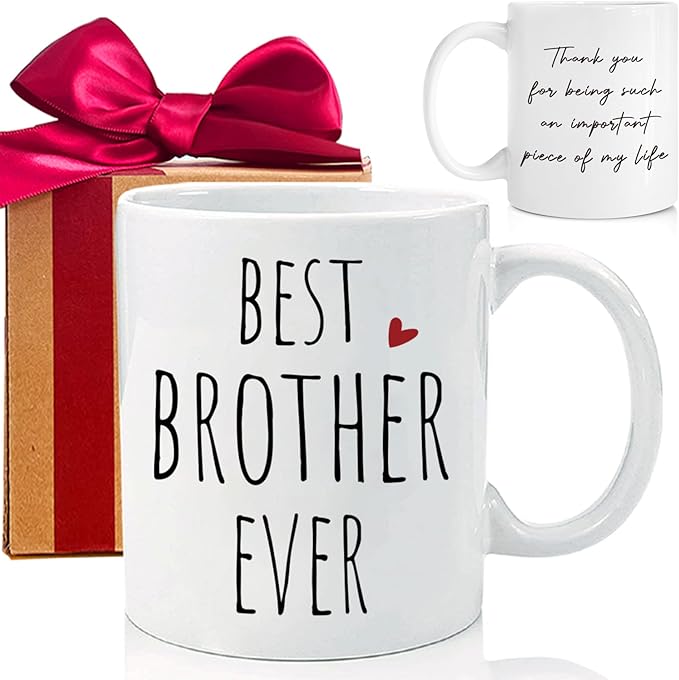 Novelty Coffee Mug Gift for Brothers - Best Brother Ever - Unique Tea Cup for Birthday, Christmas & Graduation - Funny Present for Him - 11oz White Ceramic with Flat Bottom -279