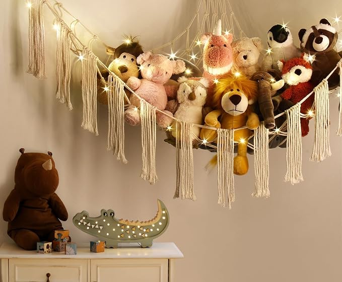 RelaxScene Stuffed Animal Hammock Corner Storage with LED Light - Plush Hammock Large Plushie Net - Stuffed Animal Holder Hanging Organizer - Teddy Bear Hammocks Room Decorations