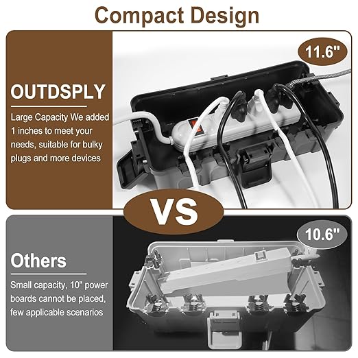 Medium Outdoor Electrical Box (11.6x5.2x4.1 inch), IP54 Waterproof Extension Cord Cover w/ 6 Cable Entry, Weatherproof Connection Box for Power Strip, Plug, Timer, Holiday Lights, Brown