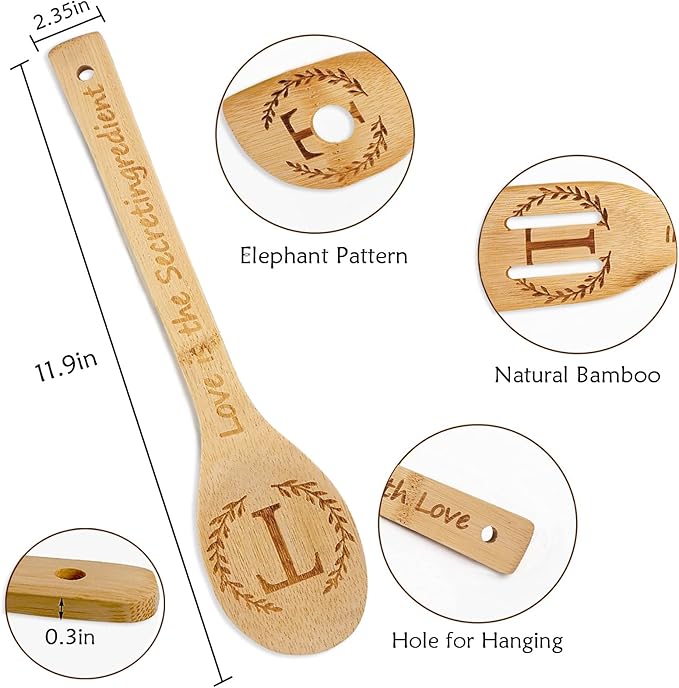5PCS Initial Wooden Cooking Spoons Initial Letter Kitchen Decor Gifts Personalized Monogrammed Birthday Gifts for Women Mom Friend Housewarming Wedding Bamboo Cooking Spoons