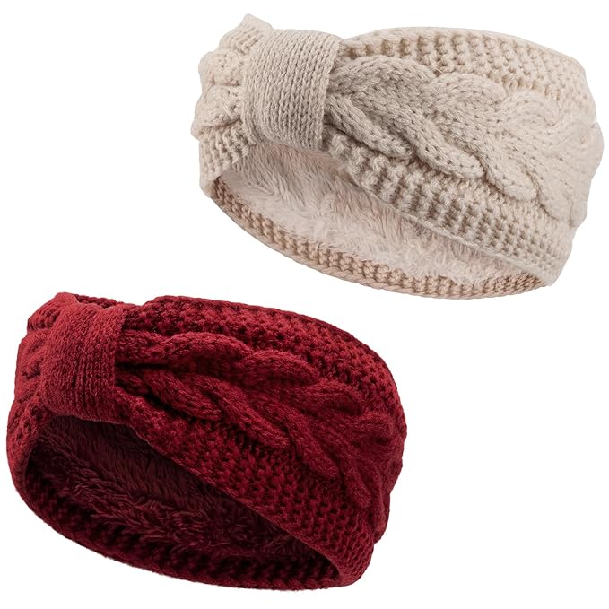 AQOKKA Knit Winter Headbands for Women Fuzzy Wool Fleece Lined Ear Warmers Elastic Turban Crocheted Head Wrap Winter Accessories for Women Cold Weather