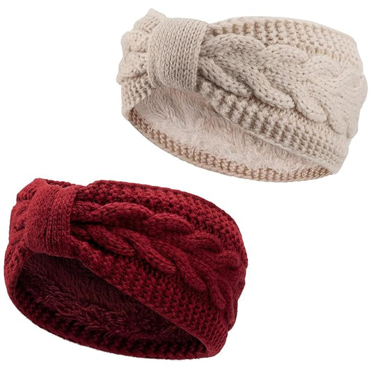 AQOKKA Knit Winter Headbands for Women Fuzzy Wool Fleece Lined Ear Warmers Elastic Turban Crocheted Head Wrap Winter Accessories for Women Cold Weather