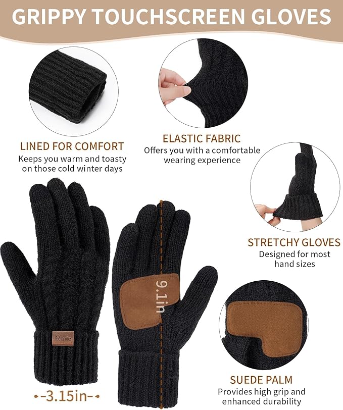 Remifa Winter Hat Scarf Gloves Set for Women, 3 PCS Beanie Hat Touchscreen Glove Long Neck Kint Scarf Valentines Gifts
