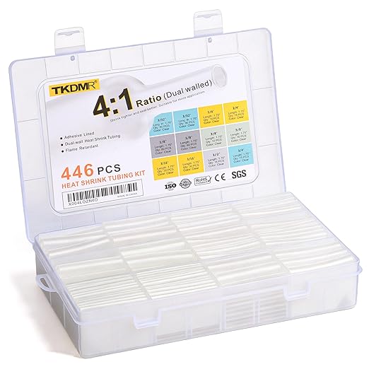 TKDMR 446 Pcs Heat Shrink Tubing Kit - 4:1 Ratio Adhesive Lined, Marine Grade Shrink Wrap,Industrial Heat Shrink Tubing,Clear
