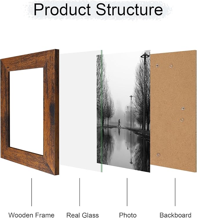 iRahmen 4x6 Picture Frame Set of 4, High Definition Glass 4 x 6 Frame, Wood Rustic Photo Frames for Horizontal or Vertical Display Tabletop and Wall Mounting