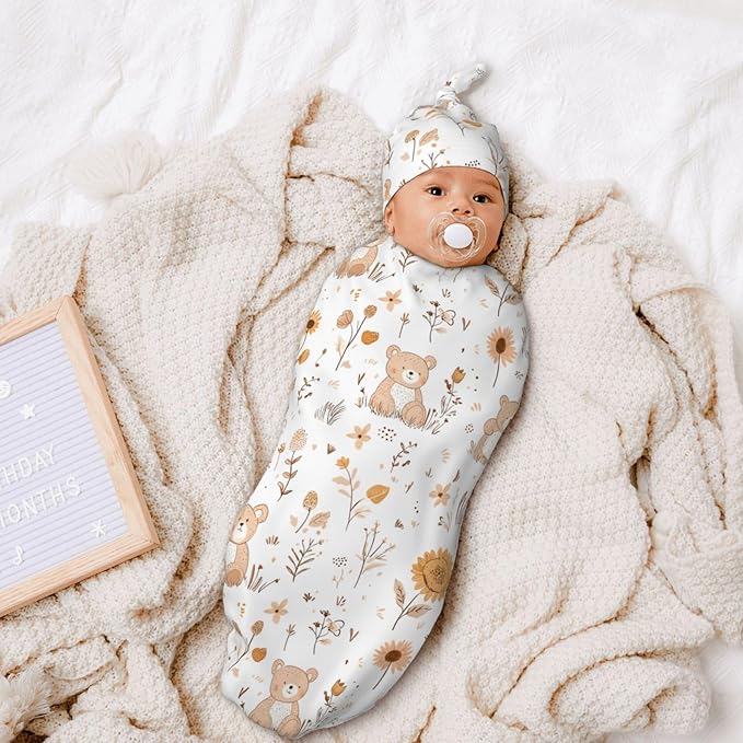 Newborn Swaddle Blankets and Hat Set Soft Cotton Baby Swaddle Wrap Warm Infant Receiving Blanket Cute Bear