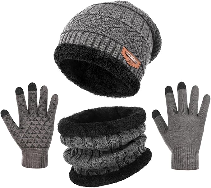Winter Beanie Hat Scarf Glove Set for Women Snow Knit Thick Fleece Lined Ski Hat,Mens Warm Neck Warmer Touchscreen Mittens