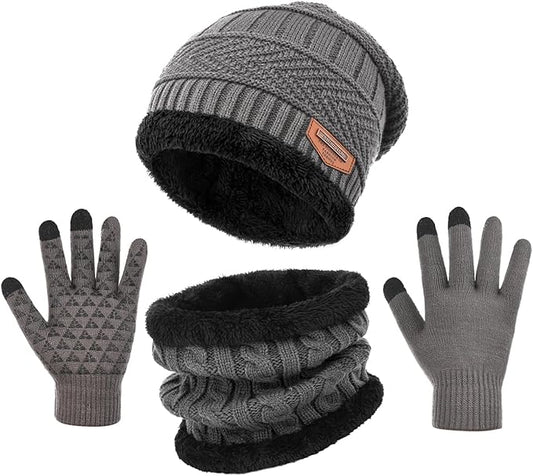 Winter Beanie Hat Scarf Glove Set for Women Snow Knit Thick Fleece Lined Ski Hat,Mens Warm Neck Warmer Touchscreen Mittens