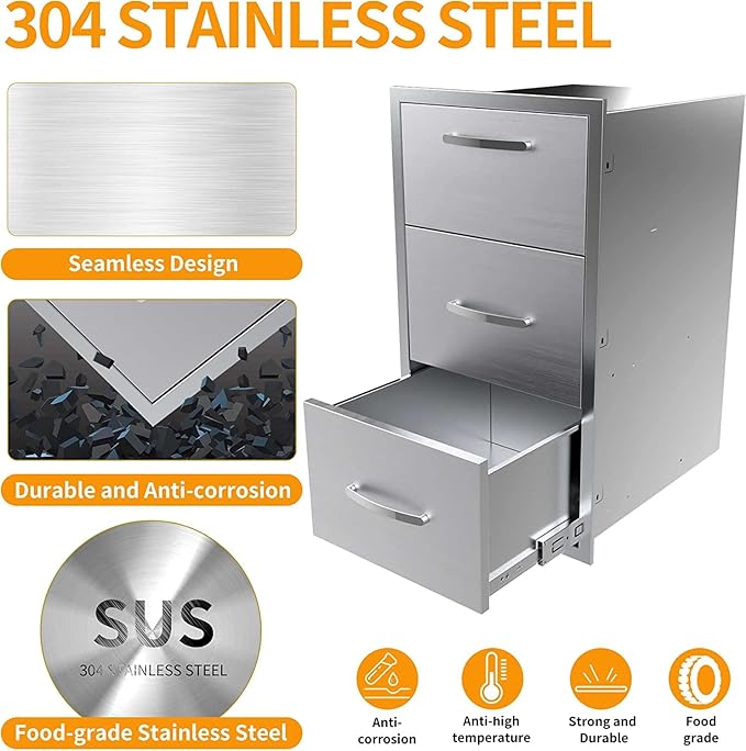 Outdoor Kitchen Drawers Stainless Steel 17W X 30H X 21D Inch, Flush Mount Triple BBQ Island Drawers with Handle for Outdoor Kitchens, Patio or Grill Station
