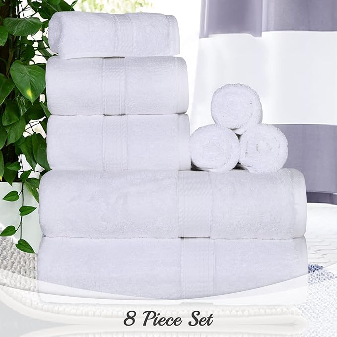BLUENILEMILLS Madison Egyptian Cotton Towels, Towel Set for Bathroom, Shower, Hotel, Plush, 900 GSM, Highly Absorbent and Ultra-Soft Towels, Bath Essentials, 8 Piece Assorted Towel Set, White