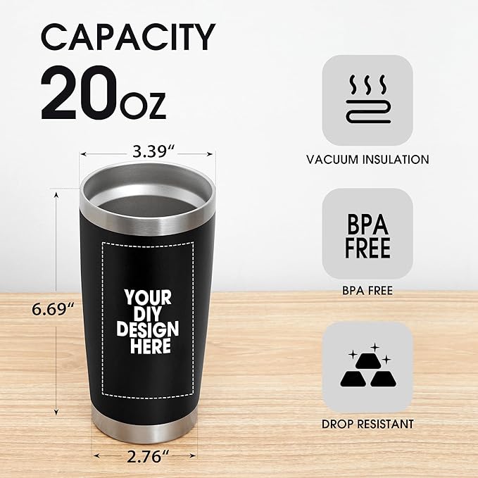 Personalized Custom Tumbler Print in USA 96 Pcs 20oz Stainless Steel Coffee Cup with Lid & Straw Double Wall Insulated Tumbler with Colorful Text Logo Photo