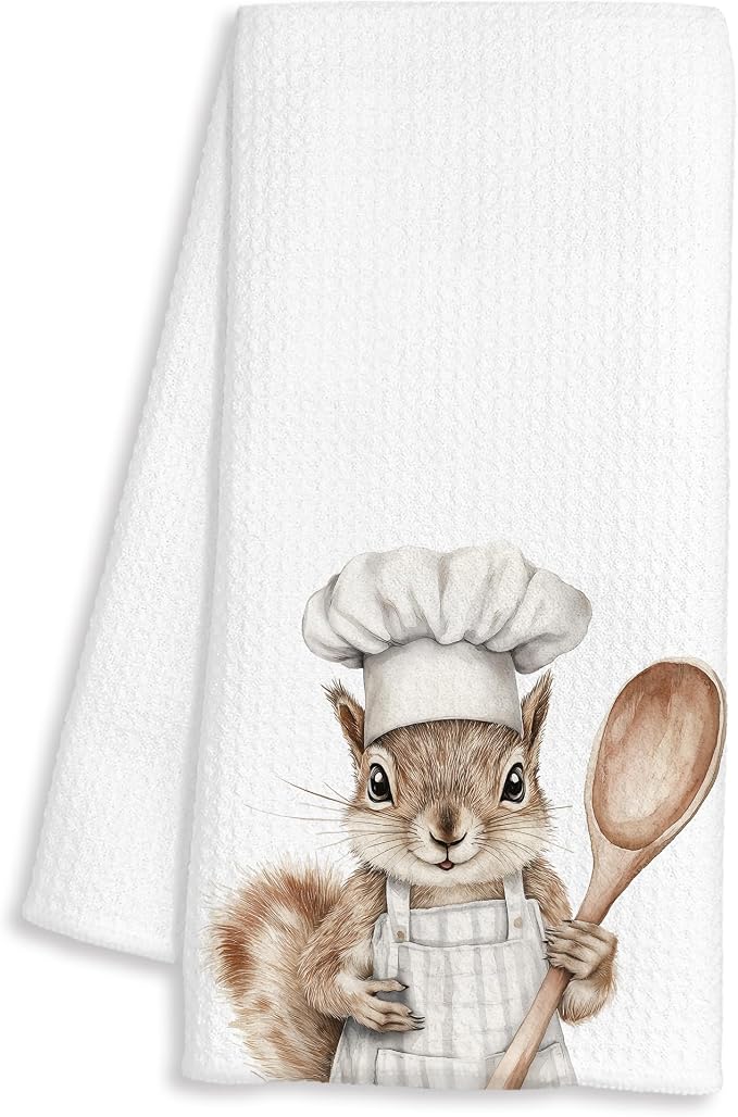 Funny Squirrel Chef Kitchen Towels, Squirrel Lover Gifts for Women Men, Chef Gifts, Funny Forest Animal Decorative Dish Hand Tea Towels for Kitchen Bakery, 16x24 Inch