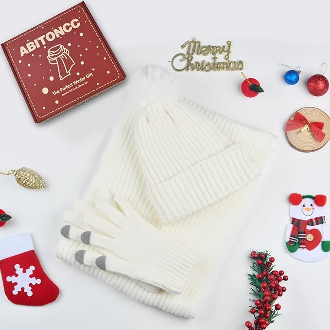 Winter Beanie Hat Scarf Gloves Set for Women, Fleece Knit Pompom Beanie Neck Warmer Long Scarf Touchscreen Gloves 3 in 1 Set