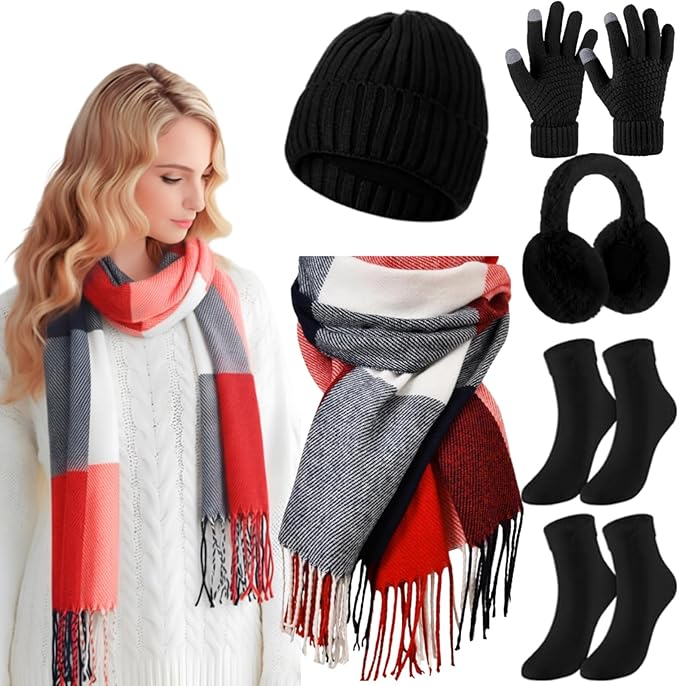 Geyoga 6 Pcs Winter Hat Scarf Gloves Set Knitted Touchscreen Gloves Plaid Scarf Earmuffs Socks Gift for Women Men