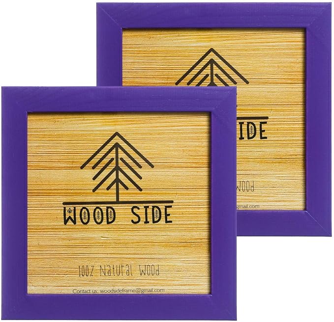 Wood Side Rustic Wooden Square Picture Frames 8x8 - Set of 2 - Natural Solid Eco Wood with Real Glass for Wall Mounting Photo Frame - Purple