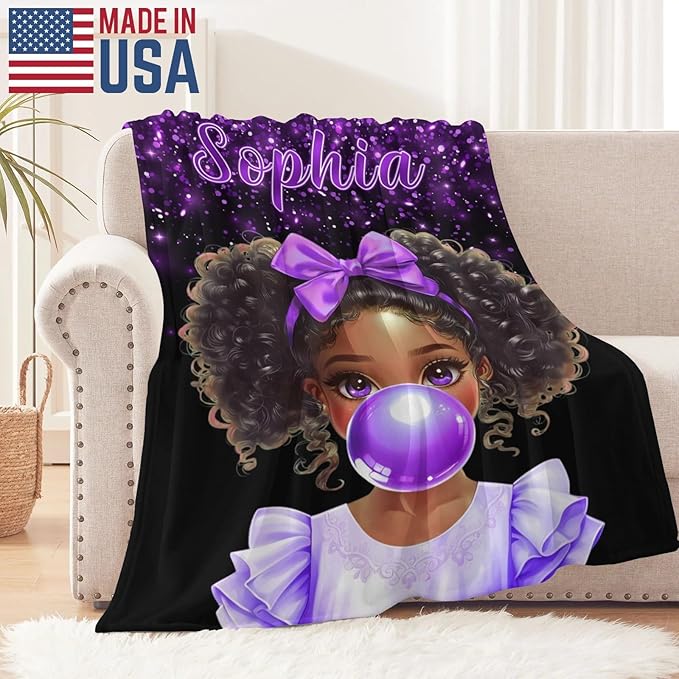 Custom Afro Girl Blanket - Personalized Throw Blanket Gift for Girls Kids Teens Adults (Bubble Gum Girl)