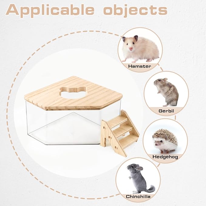 Hamster Sand Bath, Pentagon Acrylic Hamster Dig Box with Wood Cover, Sand Bath for Hamsters, Small Animals