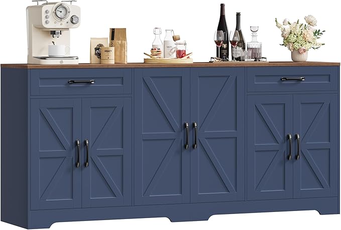 71” Large Sideboard Buffet Cabinet with Storage, Farmhouse Kitchen Buffet Cabinet with Adjustable Shelves and 6 Barn Doors, Wood Coffee Wine Bar Console Table for Kitchen, Dining Room, Navy Blue