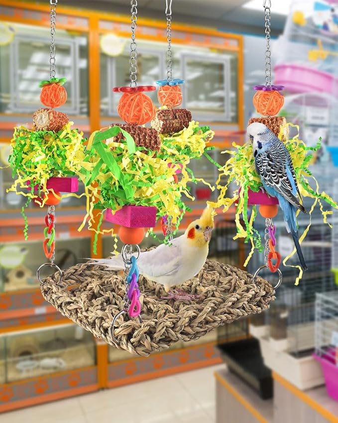 ERKOON Conure Toys, Bird Cockatiel Toys Foraging Swing Mat Parrot Climbing Hammock Wall with Colorful Toys for Birds Shredding Seagrass, Birds Cage Toy Accessories