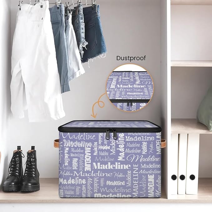 Custom Storage Basket with Name, Personalized Keepsake Box with Zipper Lid, Foldable Fabric Memory Bin Large capacity with Handle Haze Purple