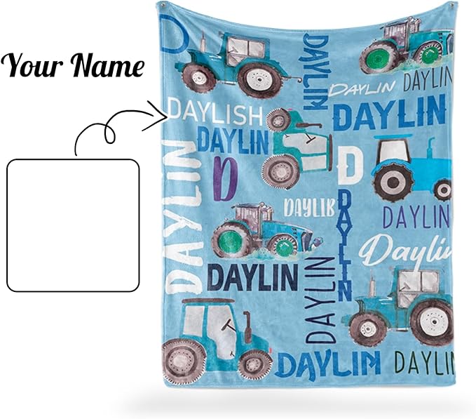 Personalized Tractors Blanket - Custom Name with Farm Tractor Trucks Design - Soft Plush Flannel Bed Blanket for Baby Kid Teen Boys Girls Customized Gifts Light Blue