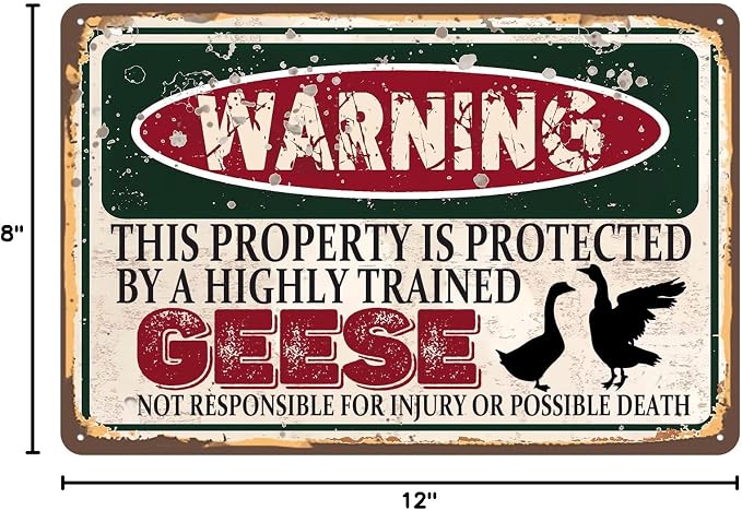 Vintage Geese Metal Sign Wall decor | Warning this property is protected by a highly trained Geese Sign Funny Tin Signs 12x8 Inch