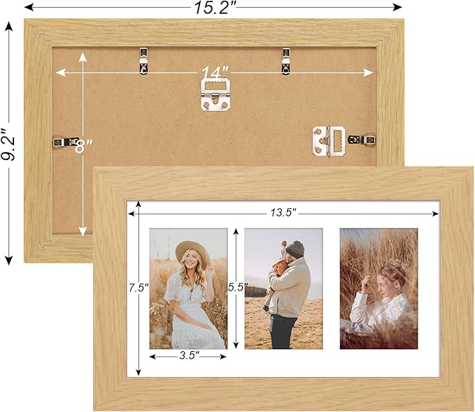 8x14 Picture Frame Display 3 opening 4X6 Picture Frame Collage,Multi Photo Frame with Mat,Plexiglass,Wall Hanging Decor,Natural Wood Grain