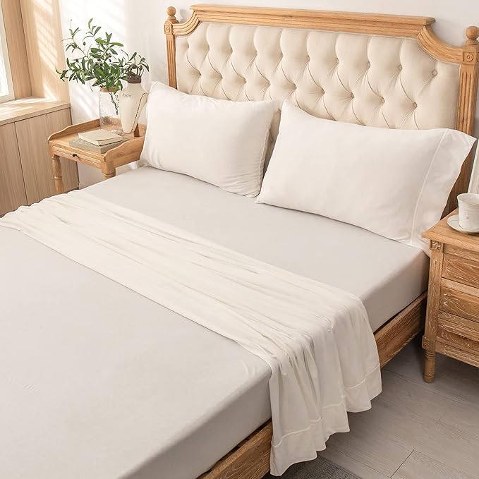PURE ERA Jersey Knit 4pc Bed Sheet Set 100% T-Shirt Cotton Super Soft Comfy Breathable Fits Mattress Up to 20" Extra Deep Pocket (Solid Off White, King)