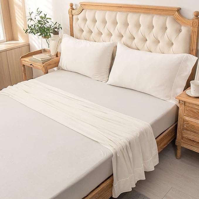 PURE ERA Jersey Knit 4pc Bed Sheet Set 100% T-Shirt Cotton Super Soft Comfy Breathable Fits Mattress Up to 20" Extra Deep Pocket(Solid Off White,Queen)