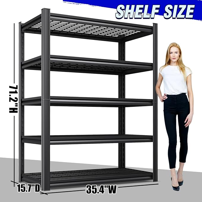 71" garage shelving 5-Tier Heavy Duty Metal Shelving Unit Adjustable Steel Storage Rack, 2500 lb Capacity, Utility Steel Shelf for Garage, Kitchen, Pantry, Warehouse Organizer 71"x35"x15.7" Black