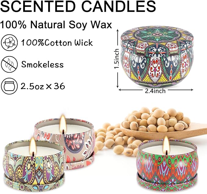 Set of 36 Scented Candle Gift Set,Natural Pure Soy Wax Aromatherapy Candles Essential Oils for Home and Women