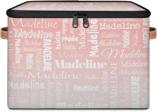 Custom Storage Basket with Name, Personalized Keepsake Box with Zipper Lid, Foldable Fabric Memory Bin Large capacity with Handle Pink White