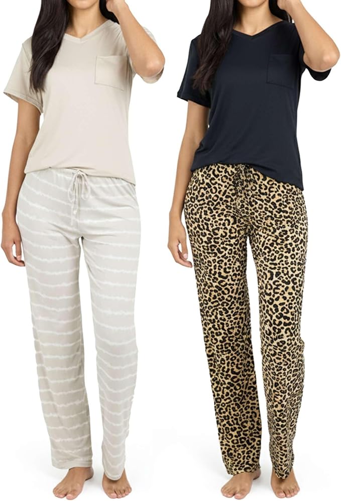 Real Essentials 2 Pack: Women's Comfy Pajama Sets - Short & Long Sleeve Ladies Loungewear Sleepwear PJs (Available In Plus)