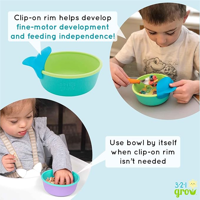 Silicone Easy Scoop & Hold Bowl Set – Adaptive Baby & Toddler Feeding Bowls with Clip-On Rim and Handle – Helps Build Independence & Coordination – 2 Pack – Dishwasher Safe (Midnight)
