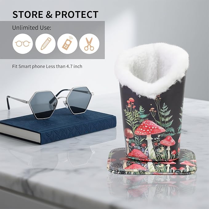Plush Lined Eyeglasses Holder, Cute Magnetic PU Leather Glasses Stand Case for Women Men Kids